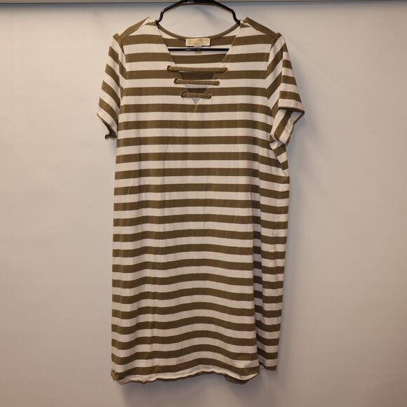Michael Kors Olive & White Striped Lace-Up Neckline Casual Dress Size L - Picture 7 of 8